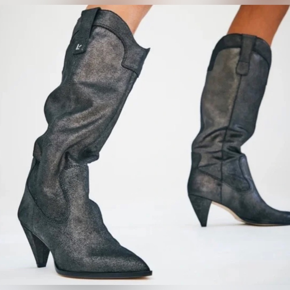 Larroudé Louise Cowboy Boots Metallic Graphite Shiny Suede Western Pointed Toe 6